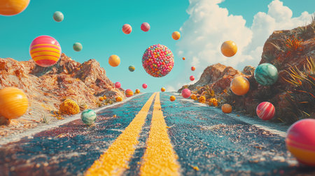 A vibrant and surreal road scene featuring colorful floating spheres and candy elements, set against a bright blue sky with fluffy clouds. Perfect for imaginative themes.の素材