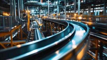 A dynamic view of an industrial conveyor belt system winding through a vast manufacturing facility, showcasing modern technology in action and efficient workflows.の素材
