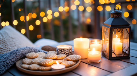 A cozy evening setup featuring a plate of cookies and glowing candles on a balcony. The warm lights create a serene atmosphere perfect for relaxation.の素材