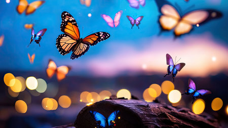 Explore a mesmerizing scene of colorful butterflies in flight against a vibrant backdrop, featuring stunning bokeh effects. Perfect for nature lovers.の素材
