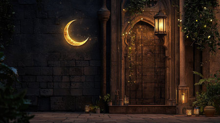 A captivating moonlit entrance featuring a glowing crescent moon and vintage lanterns. This serene scene evokes magic and tranquility, perfect for enchanting designs.の素材