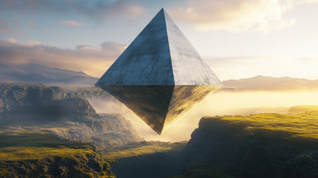 This stunning image features a floating pyramid above a serene landscape, illuminated by a dramatic sunset. The scene evokes feelings of tranquility and wonder in nature.の素材