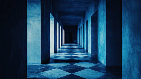 Explore a serene corridor featuring blue lighting and geometric patterns. The architectural design showcases a tranquil atmosphere with deep perspectives.の素材
