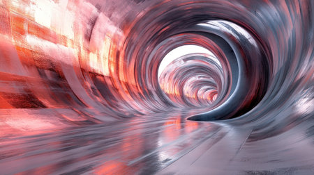 Explore a captivating 3D abstract wave form that showcases a dynamic interplay of vibrant red and silver colors. An artistic representation of fluidity and movement.の素材