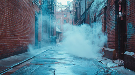 An atmospheric scene capturing a foggy urban alleyway featuring brick walls, steam rising from the ground, and a damp, reflective pavement, evoking solitude.の素材