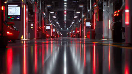 A modern automated warehouse featuring bright red lights, reflective flooring, and cutting-edge machinery, showcasing advanced logistics and storage technology.の素材