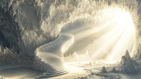 A stunning cave scene features a spiraling staircase bathed in soft, radiant light. This enchanting cavern invites exploration and imagination, offering a surreal atmosphere.の素材