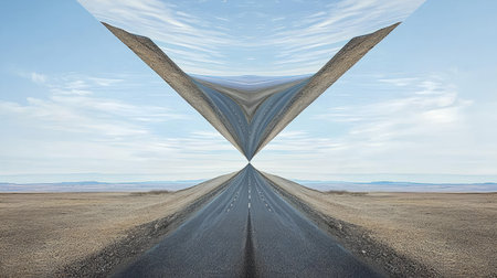 A captivating surreal landscape featuring a twisted road converging to a vanishing point under an expansive sky. The scene evokes feelings of exploration and wonder.の素材