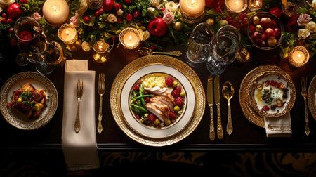 A beautifully arranged dinner table featuring gourmet dishes, floral decorations, and soft candlelight, creating a warm and inviting atmosphere for any special occasion.の素材