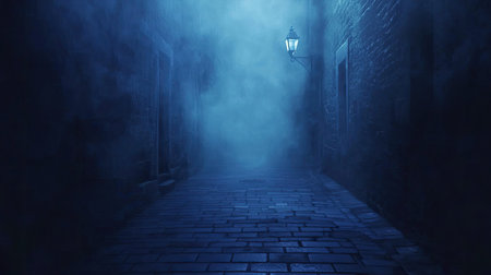 A captivating foggy alleyway illuminated by a lone street lamp creates an eerie atmosphere. The dim blue light enhances the mystery and solitude of the scene.の素材