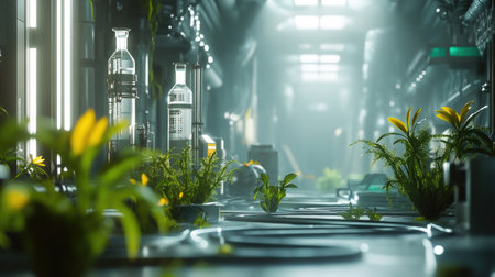 A captivating view of a futuristic laboratory featuring glass bottles and vibrant green plants that harmonize technology and nature, creating an inspiring atmosphere.の素材