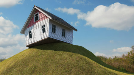 A whimsical scene featuring a house perched atop a grassy hill under a blue sky with fluffy clouds. This surreal depiction challenges traditional architecture views.の素材