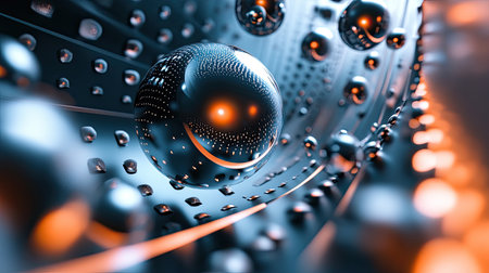 Explore this stunning 3D render featuring metallic spheres in a dynamic, futuristic space. The design showcases glossy surfaces and captivating light effects.の素材