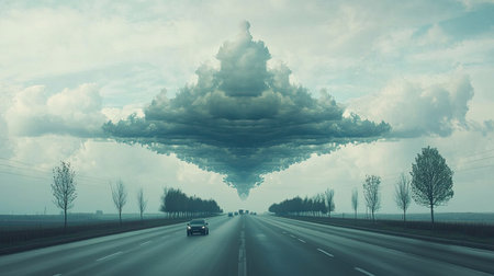An ethereal scene featuring a surreal cloud formation hovering above a deserted highway. The atmospheric perspective creates a captivating visual experience.の素材