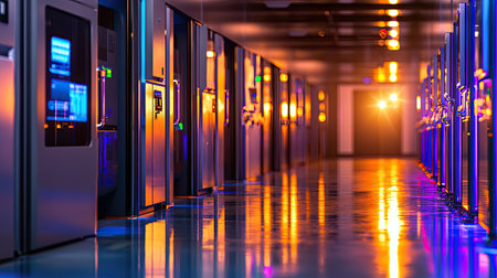 A sleek and modern data center showcasing illuminated server racks with vibrant reflections on the polished floor, representing cutting-edge technology and efficiency.の素材