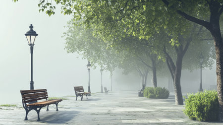 A tranquil park pathway lined with trees and benches, shrouded in mist. This serene early morning scene evokes peace and natural beauty, perfect for relaxation.の素材