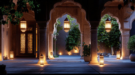 A tranquil courtyard featuring ornate lanterns, lush greenery, and intricate stonework, illuminated softly for a peaceful evening atmosphere.の素材