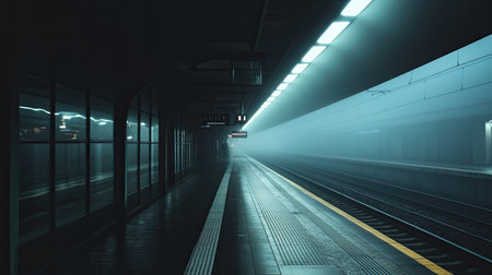 A foggy train station platform captured in low light, evoking a sense of mystery and solitude. The empty space creates a serene atmosphere inviting exploration.の素材