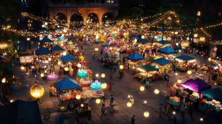 This stunning night market scene showcases vibrant stalls adorned with colorful lights and lanterns. Visitors explore an array of goods in a lively atmosphere.の素材