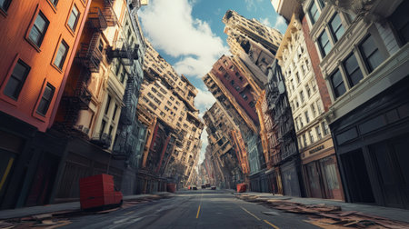 A striking surreal urban landscape featuring leaning buildings and an empty street. The scene combines dramatic architecture with a unique perspective, creating an intriguing visual journey.の素材