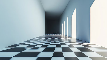 A 3D-rendered room where walls and floors slant unpredictably, creating an optical illusion. No people, copy space.の素材