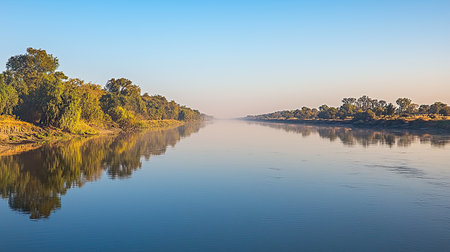 A calm stretch of the Niger River at sunrise, with reflections of the sky on the water. Copy space.の素材