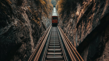 A charming train makes its way through a narrow canyon with steep cliffs and vibrant trees. This scenic path showcases nature's beauty and engineering marvel.の素材