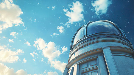 A captivating view of a stunning observatory dome set against a bright blue sky filled with fluffy clouds, symbolizing exploration and discovery in astronomy.の素材