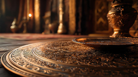 A close-up of an ornate metal plate resting on an intricately designed table, illuminated by soft, warm light, capturing the elegance of vintage decor.の素材