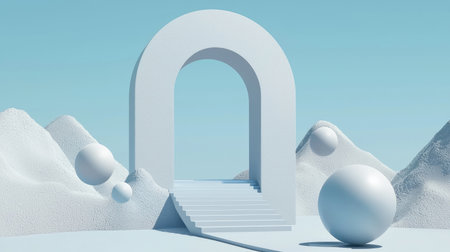 A minimalist scene featuring a white archway, geometric shapes, and a soft landscape. Perfect for concepts of tranquility, modern art, and architectural design.の素材