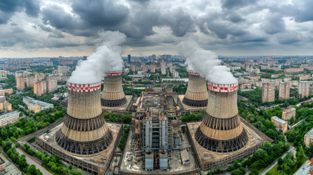 A close-up of industrial chimneys emitting steam from a thermal power plant. Copy space.の素材