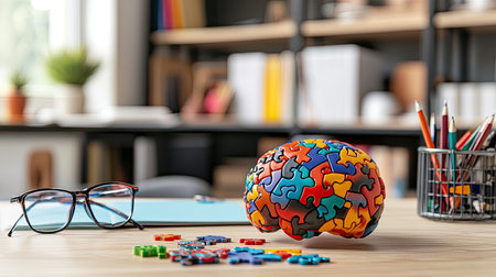 A close-up of brain teaser pieces with blurred books and stationery in the background, copy space.の素材