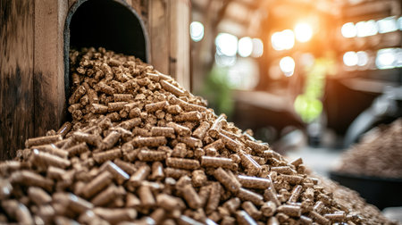 A close-up of wood pellets and wood chips, eco-friendly biofuel for heating. Copy space.の素材