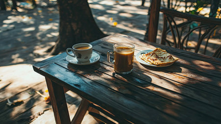 A food blogger stylish setup of an Indian breakfast spread with chai, paratha, and dahi. No people, copy space.の素材
