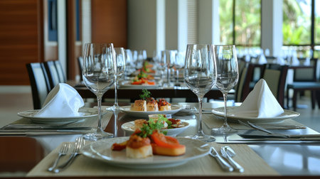 A high-end Indian fine dining setup with gourmet plated meals and elegant tableware. No people, copy space.の素材