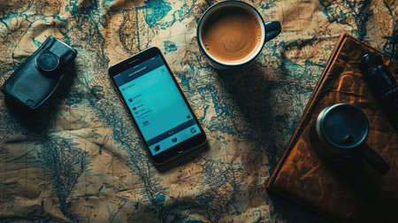 A cup of coffee, a smartphone displaying a social media feed, and a travel map on a table, cozy holiday mood, copy space.の素材
