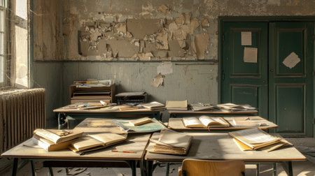 A deserted classroom with open books and scattered stationery on desks, copy space.の素材