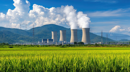 A detailed shot of the cooling towers of a thermal power plant, with rising mist. Copy space.の素材