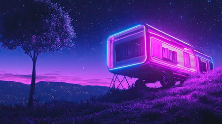 A night-time scene of an upside-down house, glowing in neon lights, creating a futuristic dreamscape. 3D render, copy space.の素材