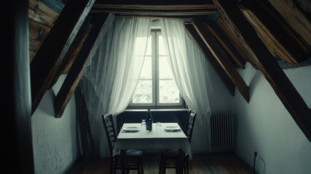A rustic-style dining table under exposed wooden beams, with soft curtains filtering the light. Copy space.の素材