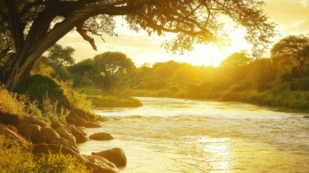A peaceful riverside view along the Niger, with golden sunlight shimmering on the water. Copy space.の素材