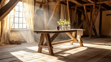 A rustic-style dining table under exposed wooden beams, with soft curtains filtering the light. Copy space.の素材
