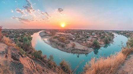 A wide-angle shot of the Niger River, with a beautiful sky and space for text overlay. Copy space.の素材
