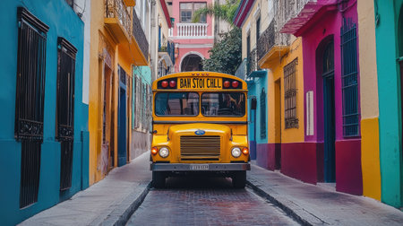A smiling yellow school bus with headlights on, driving through a colorful street, close-up.の素材