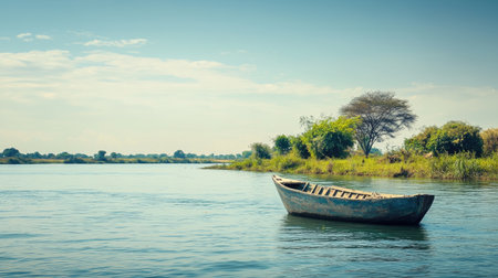 A traditional wooden boat floating on the Niger River, with lush greenery along the riverbanks. Copy space.の素材