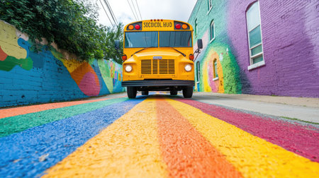 A smiling yellow school bus with headlights on, driving through a colorful street, close-up.の素材