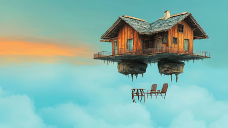 A unique upside-down house where chairs and tables float on the ceiling, creating a gravity illusion. 2D illustration, copy space.の素材