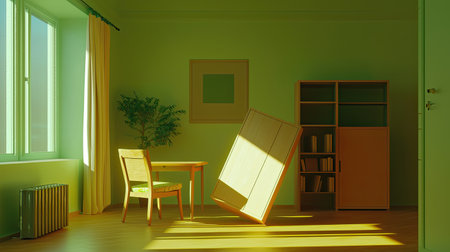 A surreal upside-down house where furniture, lights, and appear to defy gravity. 3D render, bright interior, copyの素材