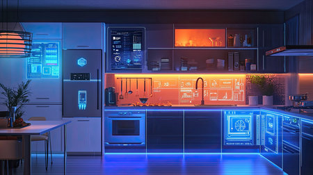An AI-powered smart kitchen setup with Indian cuisine being prepared, futuristic tech overlay. No people, copy space.の素材