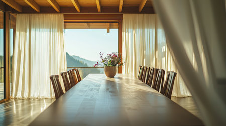 Bright and airy dining room with a wooden roof, natural light, and flowing white curtains. Copy space.の素材